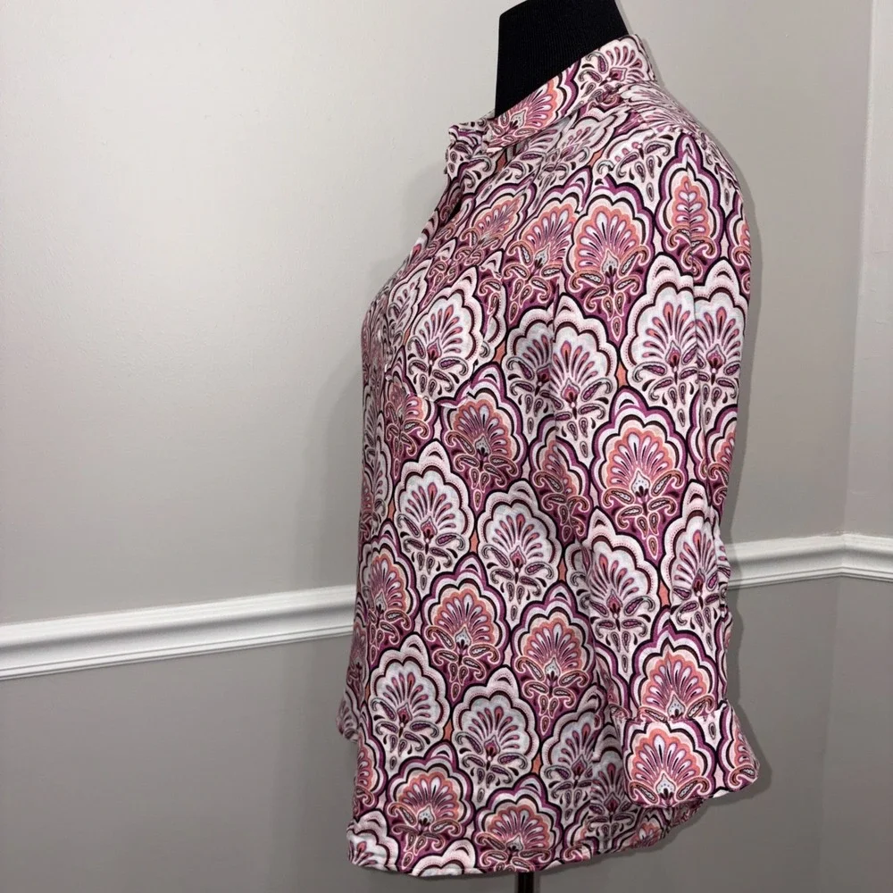 Chico's Top Womens Size 1 Pink‎ Linen No-Iron Paisley Button 3/4 Sleeve Career
